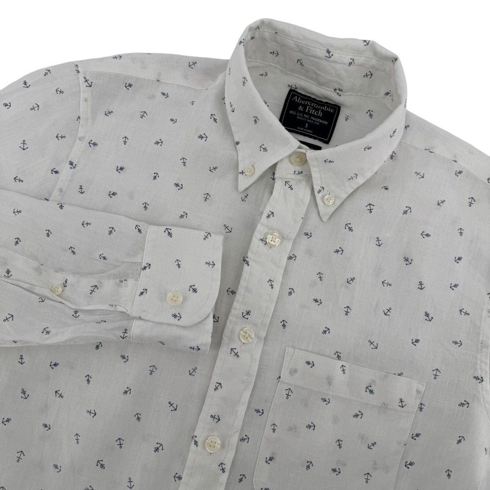 Abercrombie & Fitch Mens Linen White Anchor Print Button Down Shirt Size‎ Small